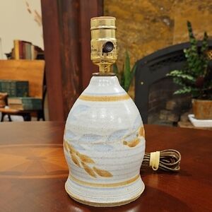 MCM Handthrown Stoneware Ceramic Table Lamp with Leaf Motif, Fully Functional